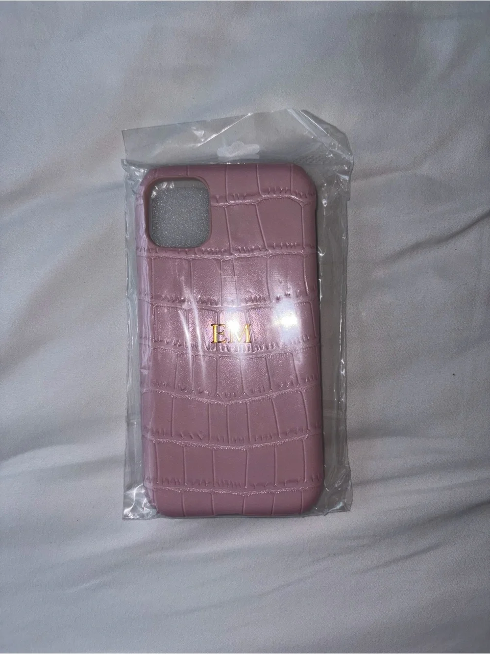 Pink iphone case with gold monogram